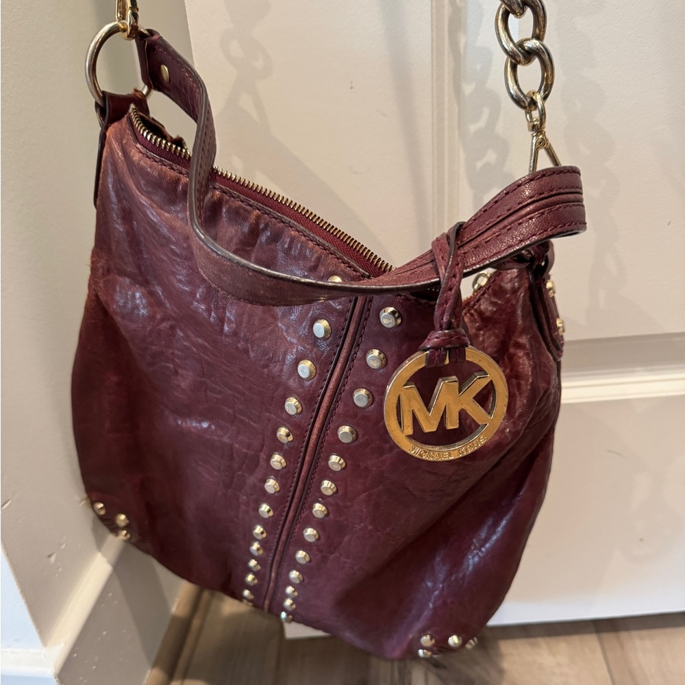 Michael Kors Uptown Astor Burgundy Leather Large Gold Studded Hobo Bag